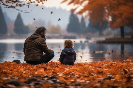 dad and son catch fish with a fishing rod, sit on a boat on the river bankの素材
