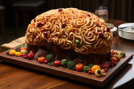 Close-up of a human brain made of fruits and vegetables on a wooden board and a black tableの素材