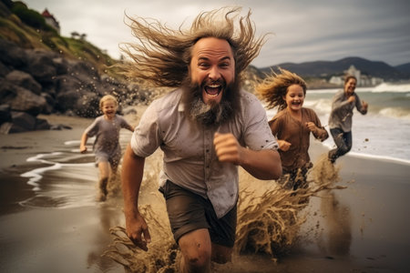 Playful father playing with kids in water sea in summertime. Happy emotions atmosphere. Family on vacation. Active lifestyle for adults and childrenの素材