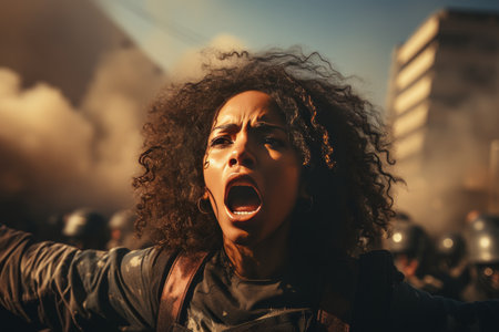 Group of multiracial peace activists walking on the street holding posters and banners - Diverse crowd of antiwar people protesting against warの素材