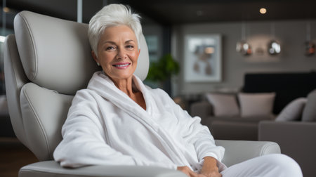 Mature gray woman applying cream while sitting in bathroom at homeの素材