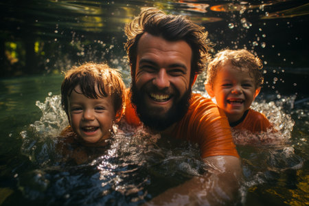 Playful father playing with kids in water sea in summertime. Happy emotions atmosphere. Family on vacation. Active lifestyle for adults and childrenの素材