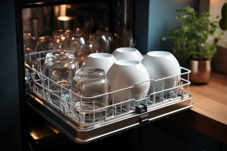 Dishwasher inside beautiful kitchen with white used dishes that prepared to wash. Electronic dishwasher device in modern kitchenの素材