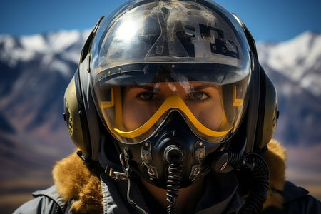 Modern fighter pilot sitting in cockpit of advanced aircraft, side view against the clear blue skyの素材