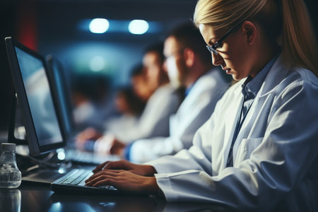 Medical professionals discussing strategic treatment plan in meeting with report and laptopの素材