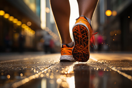 Running shoes Close up of female legs running in city at nightの素材