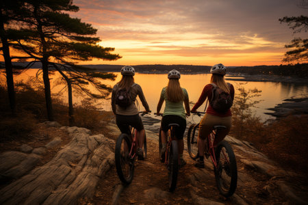 Silhouette group friend and bike on blurry sunset backgroundの素材