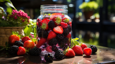 Assorted freshly picked berries preserves in a lush garden surrounded by greenery and vibrant colorsの素材