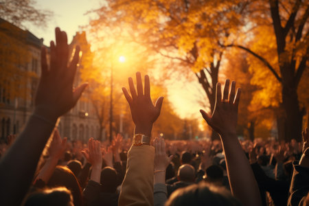Vibrant music festival crowd cheering and raising hands in excitement at a concert performanceの素材