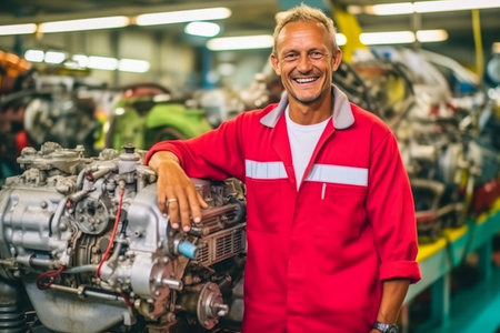 Confident male auto mechanic at work in car service, exuding charm and expertiseの素材