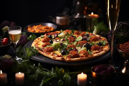Delicious pizza on table with teenagers watching tv on sofa in background, selective focusの素材