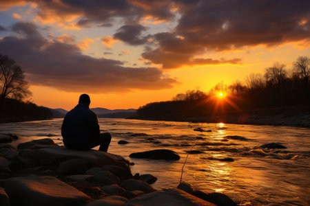 dad and son catch fish with a fishing rod, sit on a boat on the river bankの素材