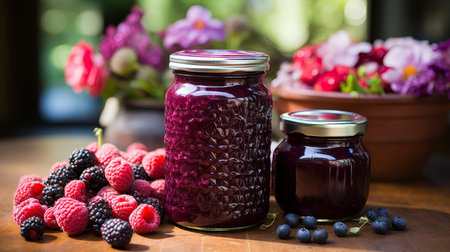 Freshly picked berries transformed into delicious jams and preserves in a charming garden settingの素材
