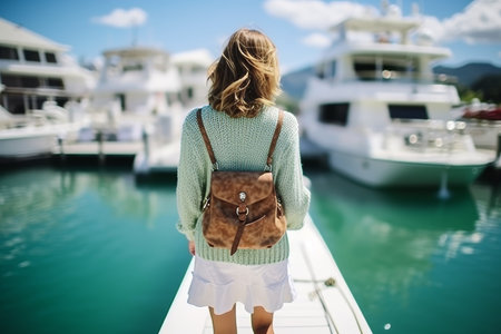 Beautiful young woman in hat and white dress relaxing on luxury yacht. Traveling and yachting conceptの素材