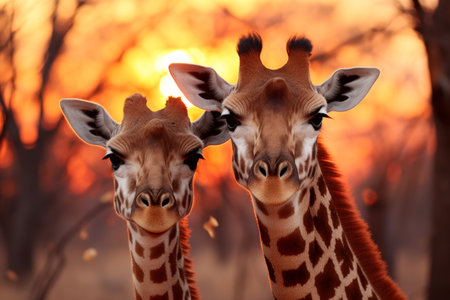 Pair of giraffes standing in the savannahの素材