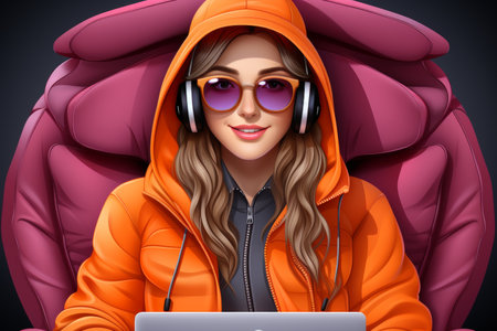 Playful 3d character sitting on laptop in colorful cartoon soft pop style illustrationの素材