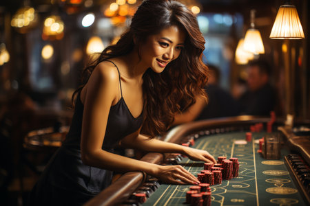 Asian girl rejoices at winning casino roulette, around her are casino visitorsの素材
