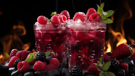 Refreshing cocktail in glass with vibrant berry and fruit splash, isolated on white backgroundの素材