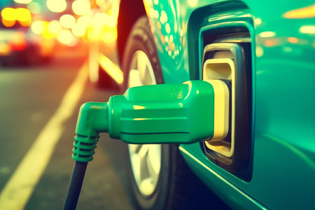 Electric car charging at station with plugged power cable infrastructure for ev vehicle in city ÐÐ²ÑÐ¾Ñ: Iljaの素材