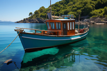 Cruise by boat through the picturesque landscapes of Thailand, exploring turquoise waters, lush greenery and sandy shoresの素材