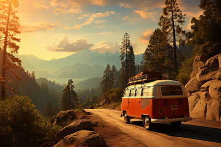 A van traveling at sunset in nature on a canyon path for a road trip to adventure and freedomの素材