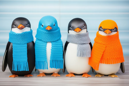 A group of adorable happy penguins dressed in knitted scarves and hatsの素材