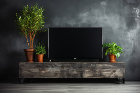 A contemporary living room featuring a sleek wall-mounted TV. Perfect for interior design inspiration or showcasing home entertainment setupsの素材