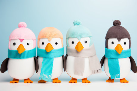 A group of adorable happy penguins dressed in knitted scarves and hatsの素材