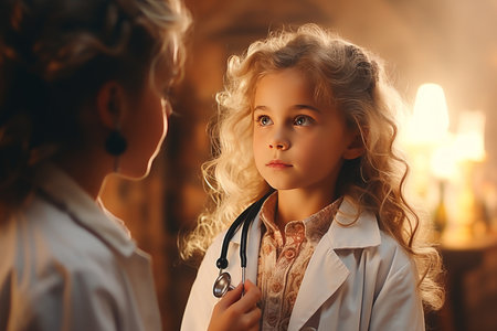 Pediatrician doing mouth Swab DNA Test to little girl at clinicの素材