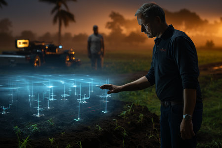 Smart farming concept, A farmer holding smartphone using management farming to manage water, soil quality and monitor weatherの素材