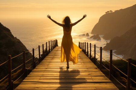 Girl sitting on the top of mounting and enjoying yellow sunrise above seaの素材