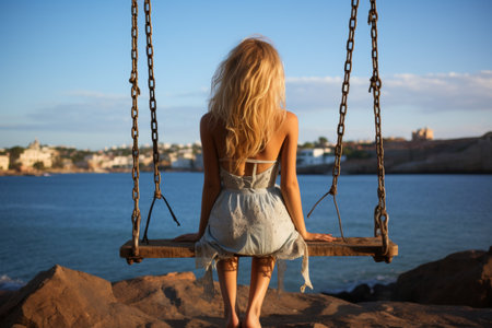 A traveler relaxing on a swing at the sea, leisure, tourist trip, summer vacation, vacation tripの素材