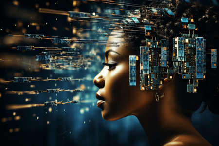 A woman with technological connections in her face in a technical backdrop with a copy spaceの素材