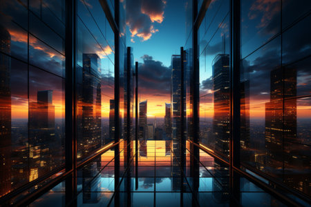 Towering skyscraper in urban landscape city business architecture exterior reaching skywardの素材