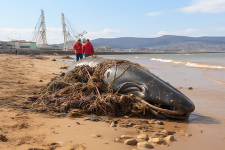 a whale entangled in fishing nets, worldwide ocean pollutionの素材