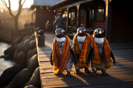 A group of adorable happy penguins dressed in knitted scarves and hatsの素材