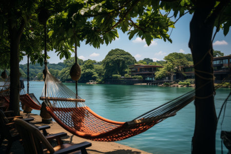 Two elderly women are relaxing in a hammock on the shore of the lake.Image with space for textの素材
