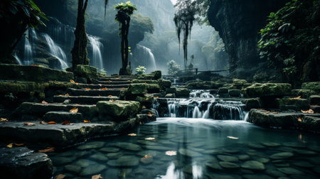 Amazing tropical forest with beautiful lake and fast flowing waterfall over boulders in backgroundの素材