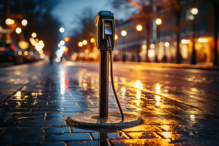 Electric car charging at station with plugged power cable infrastructure for ev vehicle in cityの素材