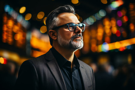 Portrait of a Stylish Man Working in an International Stock Exchange Company: Specialist Monitoring Equity and Share Markets, Communicating with Clientsの素材