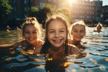 Playful father playing with kids in water sea in summertime. Happy emotions atmosphere. Family on vacation. Active lifestyle for adults and childrenの素材