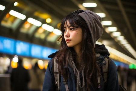 A female tourist checks flight information at the airport information deskSide view from a distance.の素材