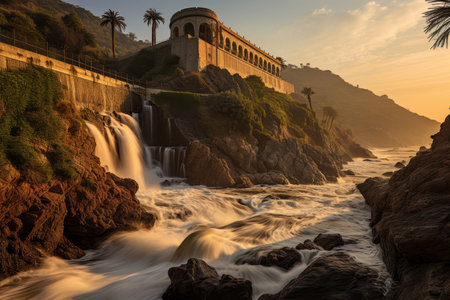 Aerial view of a massive dam holding back a large body of water against a backdrop of a colorful sunset.の素材