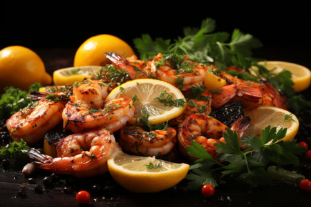 Fresh seafood bbq with prawn kebabs, salmon fillet, herbs, and lemon copy space for textの素材