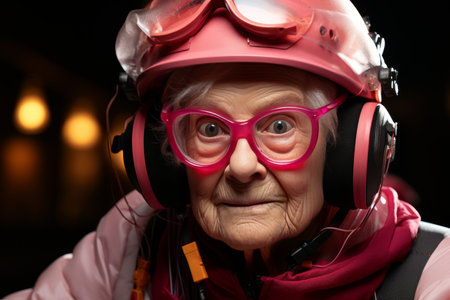 Scared female senior skydiver and her skydiving instructor getting ready to skydive from a planeの素材