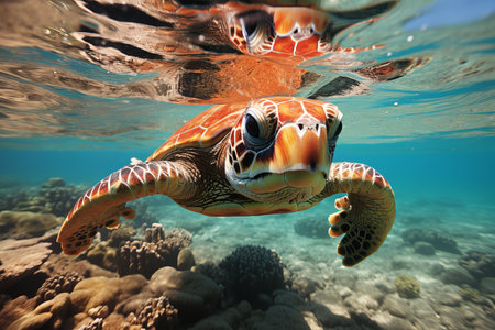 Underwater view of a magnificent sea turtle gracefully swimmingの素材