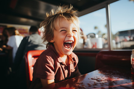 portrait of a happy child eating a slice of pizza in a pizzeriaの素材