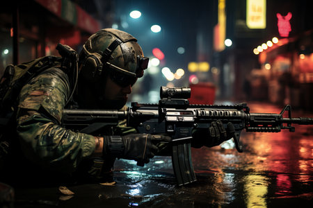 special forces soldier polices group with high technology gun and weapon working in night cityの素材