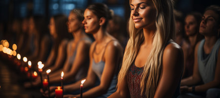Group meditation in yoga studio, breath exercise, men and women meditating and breathing with closed eyes, breathwork conceptの素材