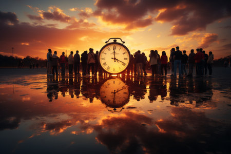 silhouette of everyone life, The long adventure or journey way leading to the big clock, Time conceptの素材